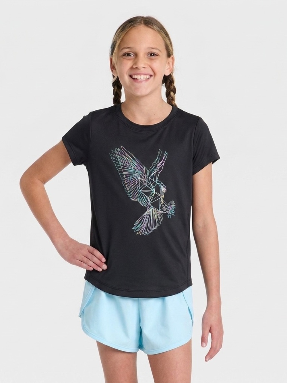 All In Motion Girls Active Graphic Tee Black Geometric Bird Size XS